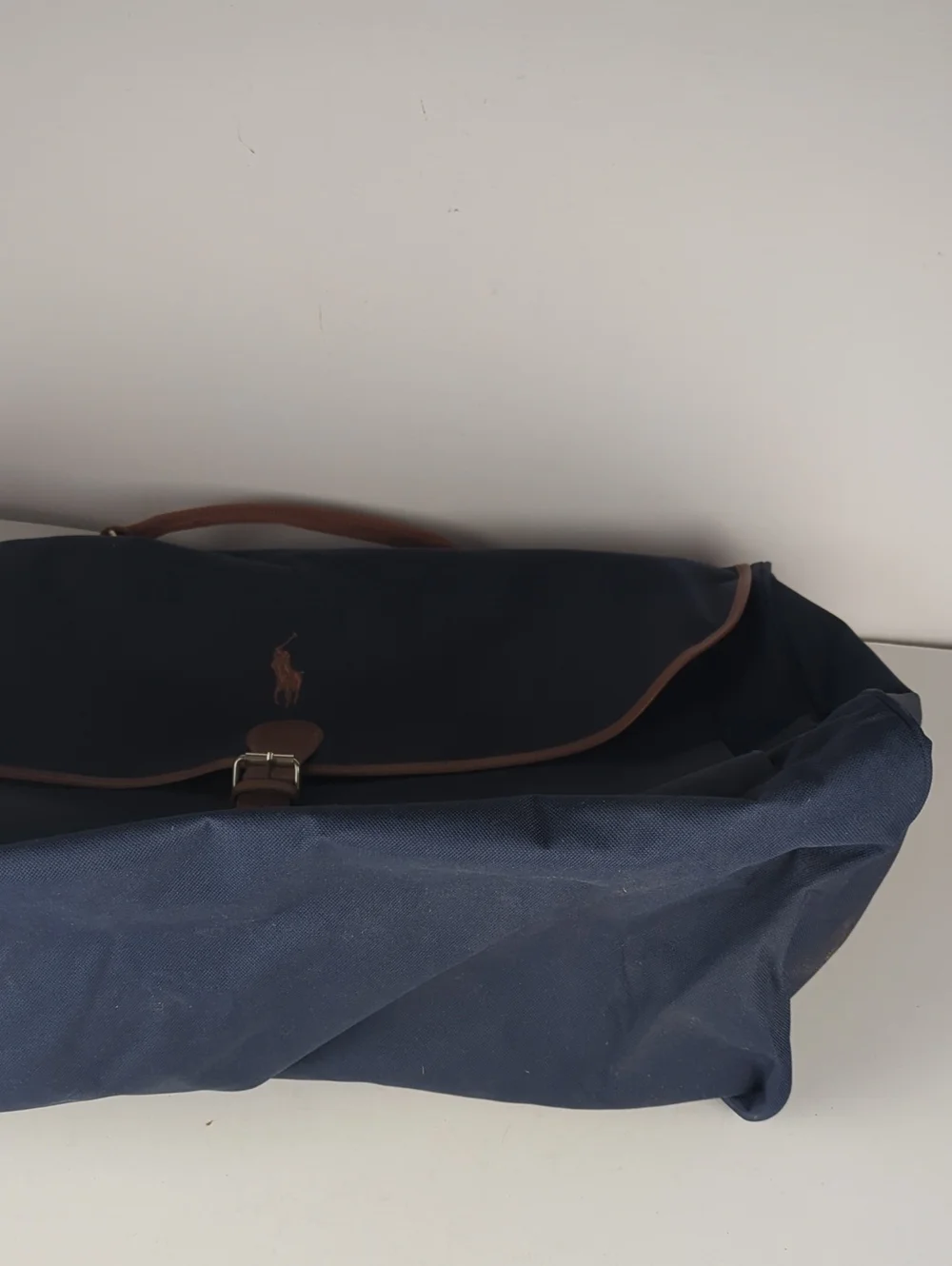 POLO RALPH LAUREN Navy Blue Canvas Duffel Bag with Brown Trim